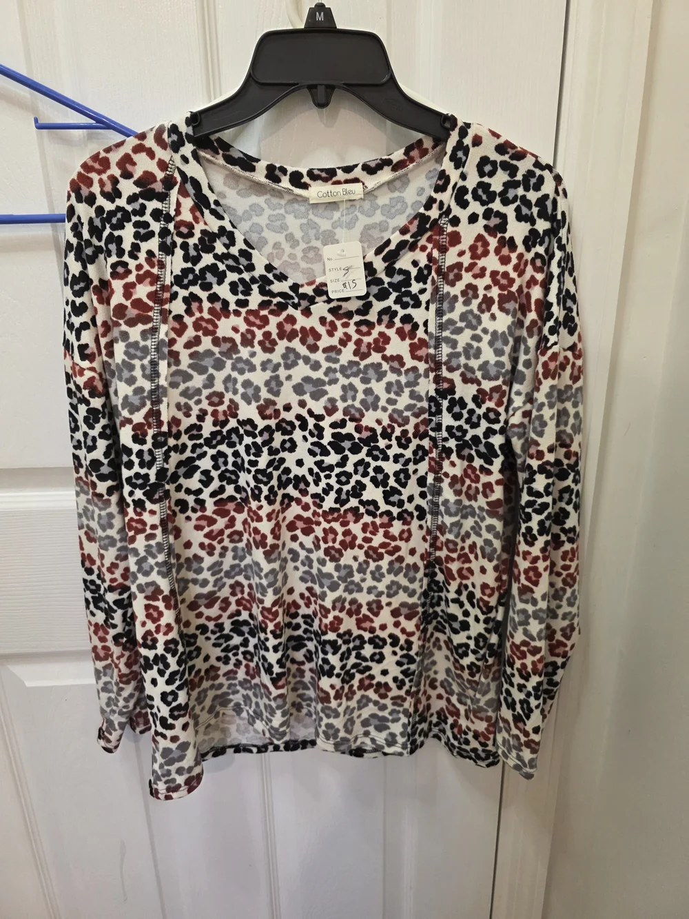 Cotton Bleu Scoop Neck Leopard Print Top - White with Black & Rust